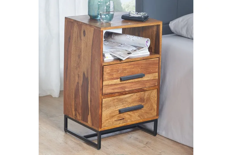 Sängbord Wohnling Massivt trä för kontinentalsängar med 2 lådor förvaringshylla lantlig stil - Möbler - Bord & matgrupper - Avlastningsbord - Sängbord & nattduksbord