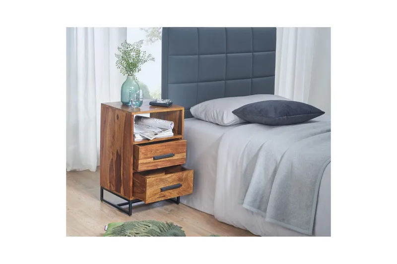 Sängbord Wohnling Massivt trä för kontinentalsängar med 2 lådor förvaringshylla lantlig stil - Möbler - Bord & matgrupper - Avlastningsbord - Sängbord & nattduksbord