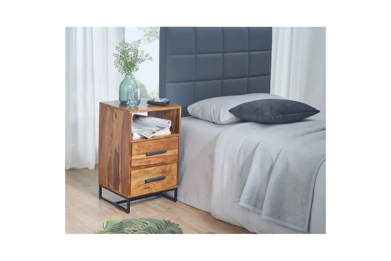 Sängbord Wohnling Massivt trä för kontinentalsängar med 2 lådor förvaringshylla lantlig stil - Möbler - Bord & matgrupper - Avlastningsbord - Sängbord & nattduksbord
