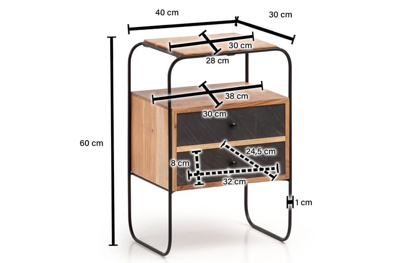 Sängbord Wohnling Massivt trä med 2 flytande lådor i en metallram - Möbler - Bord & matgrupper - Avlastningsbord - Sängbord & nattduksbord