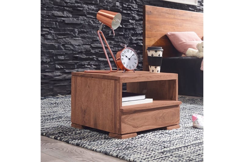 Sängbord Wohnling Massivt trä med låda och hylla i låg design i lantlig stil Akacia - Akacia - Möbler - Bord & matgrupper - Avlastningsbord - Sängbord & nattduksbord