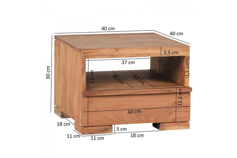 Sängbord Wohnling Massivt trä med låda och hylla i låg design i lantlig stil Akacia - Akacia - Möbler - Bord & matgrupper - Avlastningsbord - Sängbord & nattduksbord