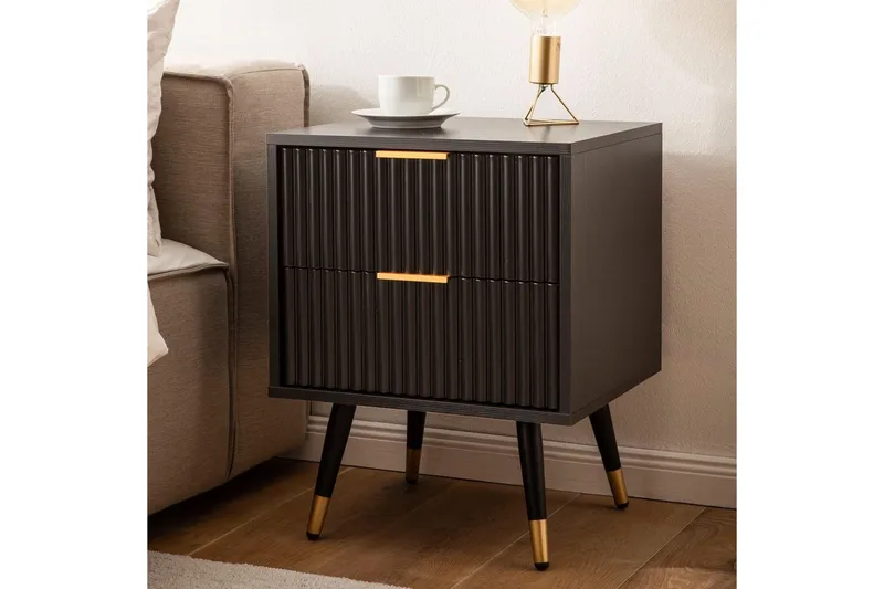 Sängbord Wohnling Modern look med 2 lådor tillverkade av spånskiva med ek-effekt glansiga höjdpunkter - Möbler - Bord & matgrupper - Avlastningsbord - Sängbord & nattduksbord