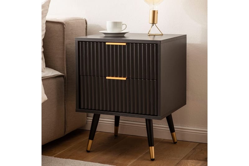 Sängbord Wohnling Modern look med 2 lådor tillverkade av spånskiva med ek-effekt glansiga höjdpunkter - Möbler - Bord & matgrupper - Avlastningsbord - Sängbord & nattduksbord