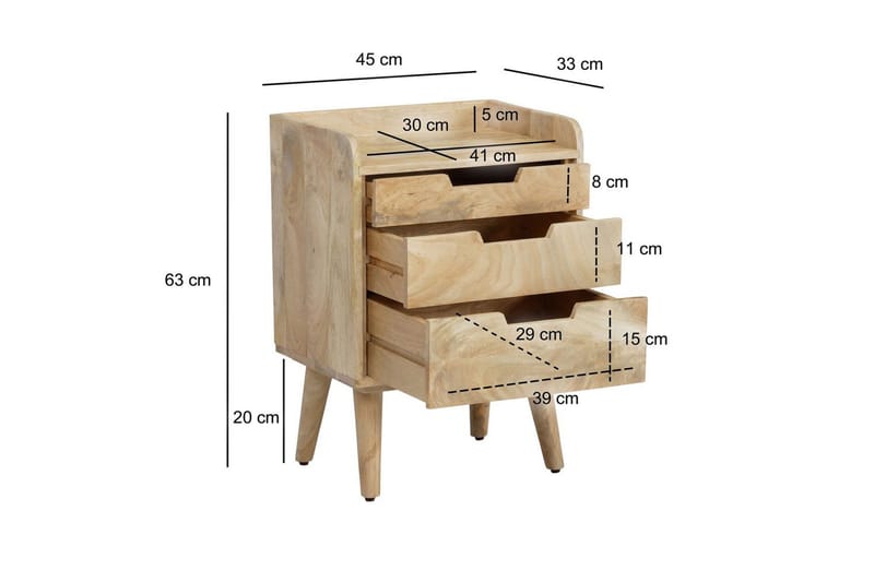 Sängbord Wohnling Modern look med 3 lådor tillverkade av massivt mangoträ en förvaringshylla - Möbler - Bord & matgrupper - Avlastningsbord - Sängbord & nattduksbord
