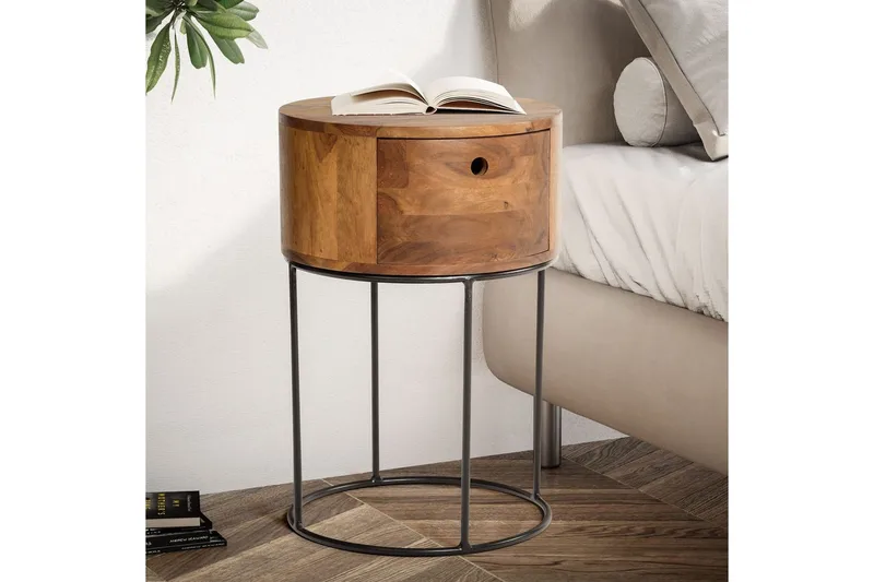 Sängbord Wohnling rund, massivt trä med 1 låda i modern stil mörkbrun - mörkbrun - Möbler - Bord & matgrupper - Avlastningsbord - Sängbord & nattduksbord