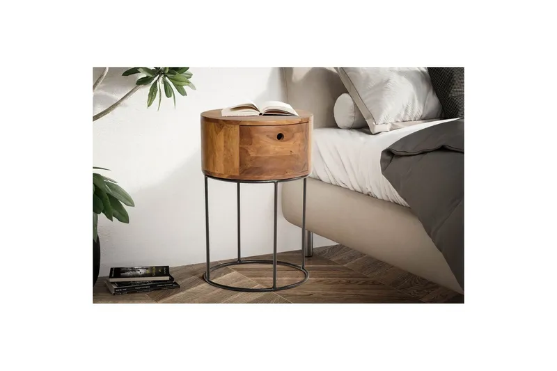 Sängbord Wohnling rund, massivt trä med 1 låda i modern stil mörkbrun - mörkbrun - Möbler - Bord & matgrupper - Avlastningsbord - Sängbord & nattduksbord