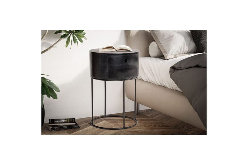 Sängbord Wohnling rund, massivt trä med 1 låda i modern stil Svart - Svart - Möbler - Bord & matgrupper - Avlastningsbord - Sängbord & nattduksbord