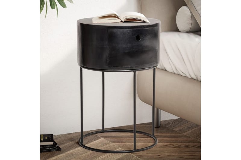 Sängbord Wohnling rund, massivt trä med 1 låda i modern stil Svart - Svart - Möbler - Bord & matgrupper - Avlastningsbord - Sängbord & nattduksbord
