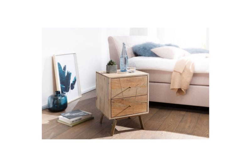 Sängbord Wohnling SIKAR massivt mangoträ för boxfjädersäng metallinlägg 2 lådor - Möbler - Bord & matgrupper - Avlastningsbord - Sängbord & nattduksbord