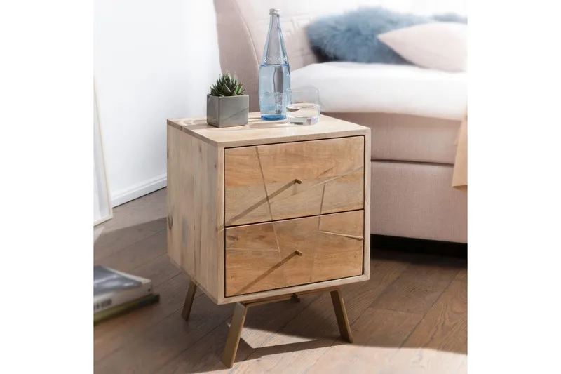 Sängbord Wohnling SIKAR massivt mangoträ för boxfjädersäng metallinlägg 2 lådor - Möbler - Bord & matgrupper - Avlastningsbord - Sängbord & nattduksbord