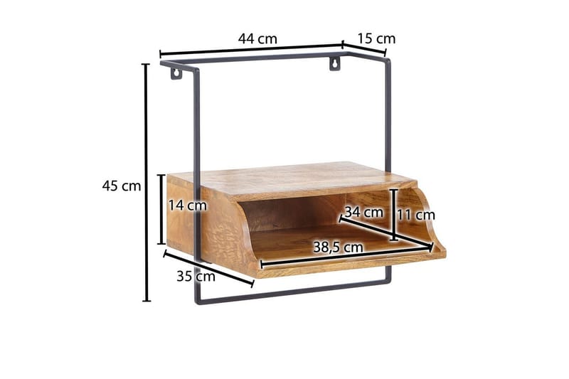 Sängbord Wohnling Väggmonterad konsol av massivt mangoträ med hylla, industriell - Möbler - Bord & matgrupper - Avlastningsbord - Sängbord & nattduksbord