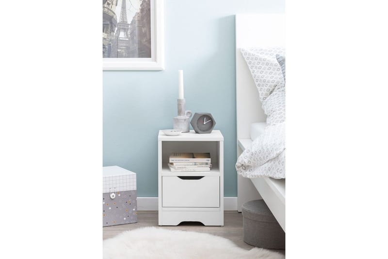 Sängbord Wohnling Vit med 1 låda Enkel modern design och hylla - Möbler - Bord & matgrupper - Avlastningsbord - Sängbord & nattduksbord