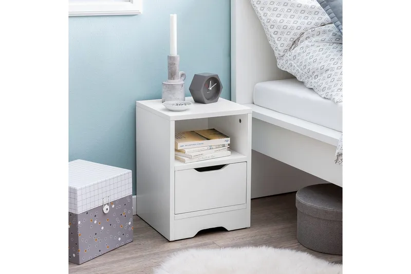 Sängbord Wohnling Vit med 1 låda Enkel modern design och hylla - Möbler - Bord & matgrupper - Avlastningsbord - Sängbord & nattduksbord