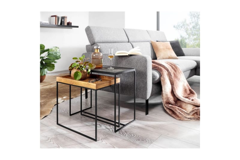 Satsbord Wohnling Set med 2 i massivt trä brickstil stenoptik industriell - Möbler - Bord & matgrupper - Avlastningsbord - Lampbord