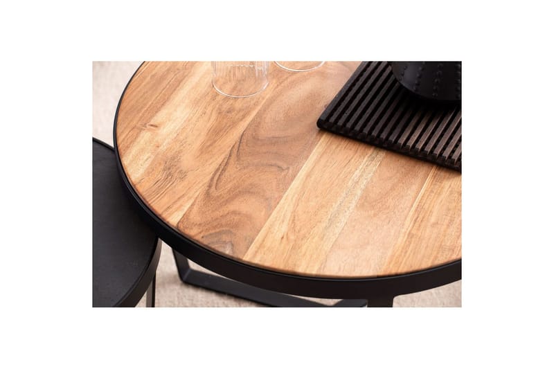 Satsbord Wohnling Set med 2 runda massivt trä och steneffekt, designad metallbas, lantlig stil Svart, akacia - Svart, akacia - Möbler - Bord & matgrupper - Avlastningsbord - Satsbord