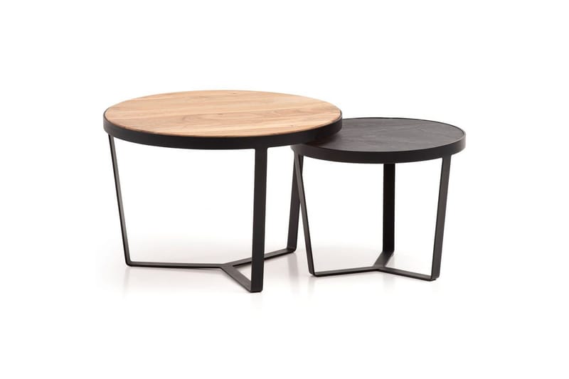 Satsbord Wohnling Set med 2 runda massivt trä och steneffekt, designad metallbas, lantlig stil Svart, akacia - Svart, akacia - Möbler - Bord & matgrupper - Avlastningsbord - Satsbord