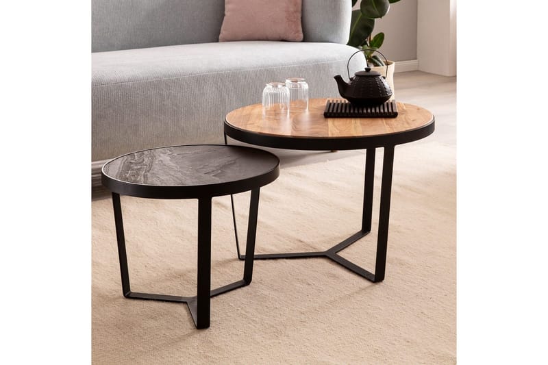 Satsbord Wohnling Set med 2 runda massivt trä och steneffekt, designad metallbas, lantlig stil Svart, akacia - Svart, akacia - Möbler - Bord & matgrupper - Avlastningsbord - Satsbord