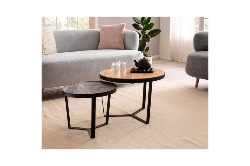 Satsbord Wohnling Set med 2 runda massivt trä och steneffekt, designad metallbas, lantlig stil Svart, akacia - Svart, akacia - Möbler - Bord & matgrupper - Avlastningsbord - Satsbord