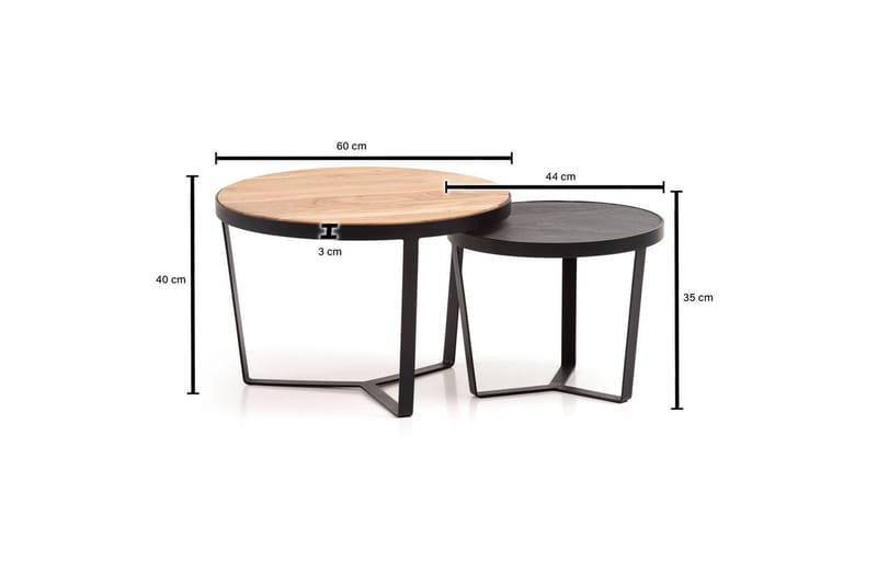Satsbord Wohnling Set med 2 runda massivt trä och steneffekt, designad metallbas, lantlig stil Svart, akacia - Svart, akacia - Möbler - Bord & matgrupper - Avlastningsbord - Satsbord