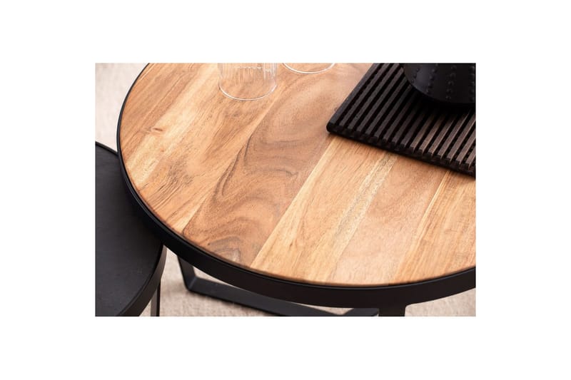 Satsbord Wohnling Set med 2 runda massivt trä och steneffekt, designad metallbas, lantlig stil Svart, akacia - Svart, akacia - Möbler - Bord & matgrupper - Avlastningsbord - Satsbord