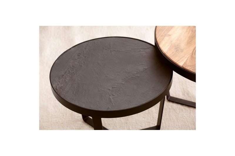 Satsbord Wohnling Set med 2 runda massivt trä och steneffekt, designad metallbas, lantlig stil Svart, akacia - Svart, akacia - Möbler - Bord & matgrupper - Avlastningsbord - Satsbord