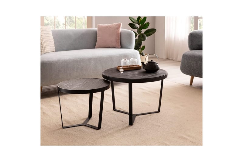 Satsbord Wohnling Set med 2 runda massivt trä och steneffekt, designad metallbas, lantlig stil Svart, svart - Svart, svart - Möbler - Bord & matgrupper - Avlastningsbord - Satsbord