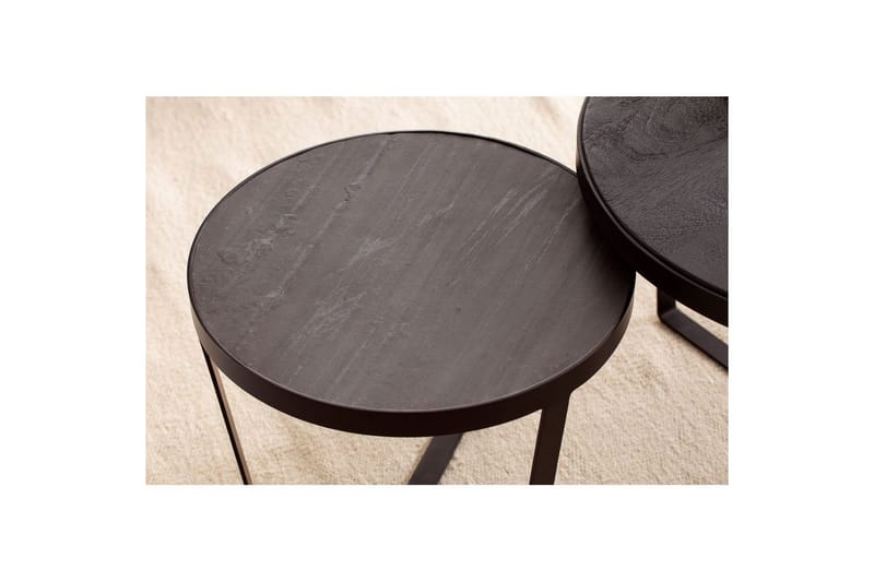 Satsbord Wohnling Set med 2 runda massivt trä och steneffekt, designad metallbas, lantlig stil Svart, svart - Svart, svart - Möbler - Bord & matgrupper - Avlastningsbord - Satsbord