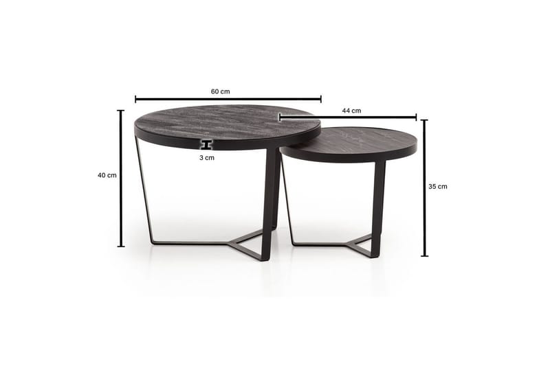 Satsbord Wohnling Set med 2 runda massivt trä och steneffekt, designad metallbas, lantlig stil Svart, svart - Svart, svart - Möbler - Bord & matgrupper - Avlastningsbord - Satsbord