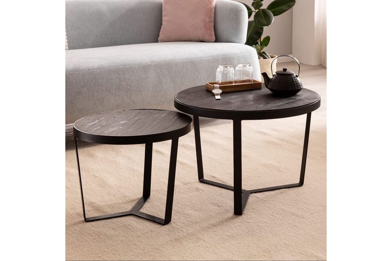 Satsbord Wohnling Set med 2 runda massivt trä och steneffekt, designad metallbas, lantlig stil Svart, svart - Svart, svart - Möbler - Bord & matgrupper - Avlastningsbord - Satsbord