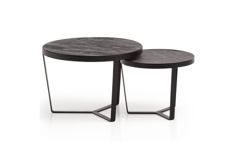 Satsbord Wohnling Set med 2 runda massivt trä och steneffekt, designad metallbas, lantlig stil Svart, svart, Svart, svart