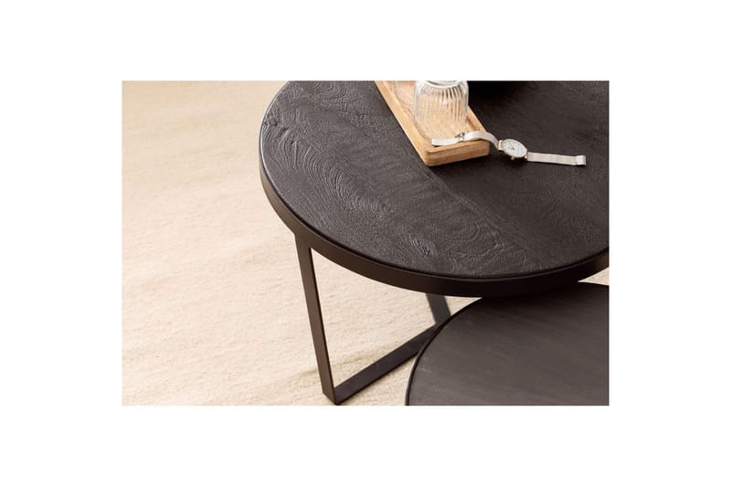 Satsbord Wohnling Set med 2 runda massivt trä och steneffekt, designad metallbas, lantlig stil Svart, svart - Svart, svart - Möbler - Bord & matgrupper - Avlastningsbord - Satsbord