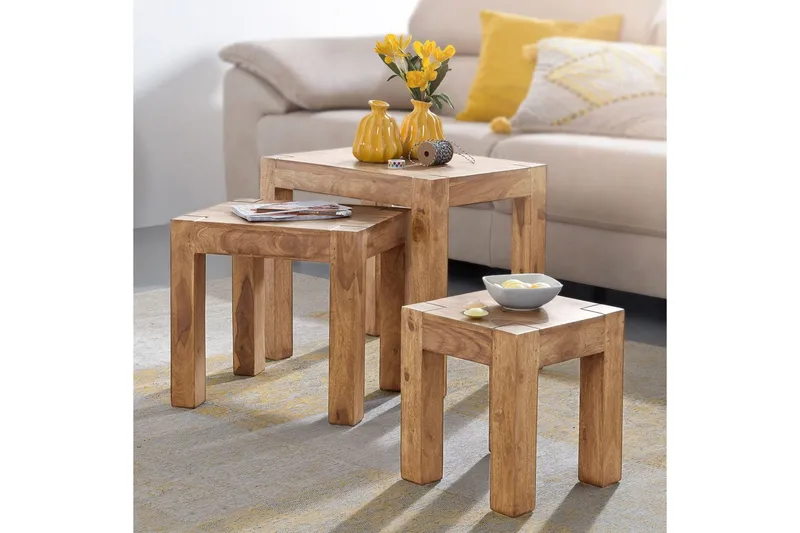 Satsbord Wohnling Set med 3 massivt trä, 4-benta bord, lantlig stil Akacia - Akacia - Möbler - Bord & matgrupper - Avlastningsbord - Satsbord