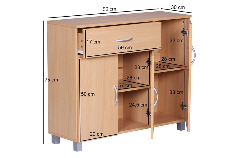 Sideboard Wohnling folierad spånskiva 90x75 cm, 3 dörrar 1 låda, modern stil Bok - Bok - Möbler - Bord & matgrupper - Avlastningsbord - Hallbord