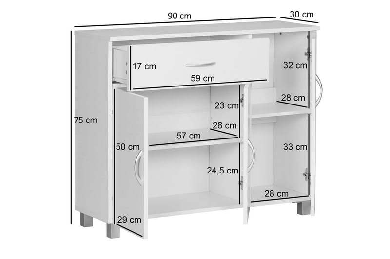 Sideboard Wohnling folierad spånskiva 90x75 cm, 3 dörrar 1 låda, modern stil Vit - Vit - Möbler - Bord & matgrupper - Avlastningsbord - Hallbord