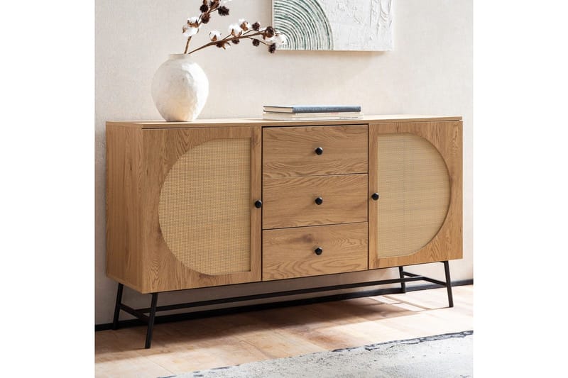 Sideboard Wohnling Folierad spånskiva ekoptik halvcirkel rottingväv look 2 dörrar 3 lådor modern - Möbler - Bord & matgrupper - Avlastningsbord - Hallbord