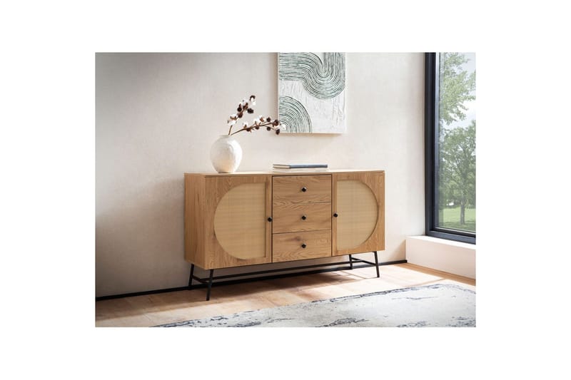 Sideboard Wohnling Folierad spånskiva ekoptik halvcirkel rottingväv look 2 dörrar 3 lådor modern - Möbler - Bord & matgrupper - Avlastningsbord - Hallbord