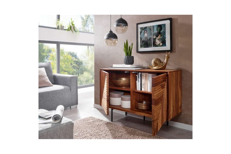 Sideboard Wohnling massivt trä, 3D geometrisk front, tryck-öppna, industriell loftstil 100 cm - 100 cm - Möbler - Bord & matgrupper - Avlastningsbord - Hallbord