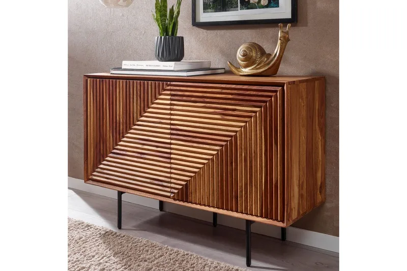 Sideboard Wohnling massivt trä, 3D geometrisk front, tryck-öppna, industriell loftstil 100 cm - 100 cm - Möbler - Bord & matgrupper - Avlastningsbord - Hallbord