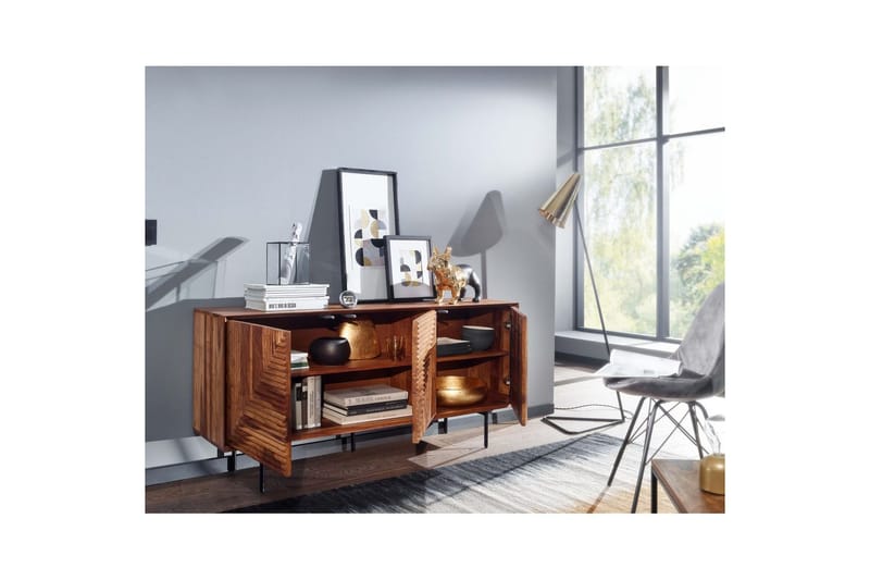 Sideboard Wohnling massivt trä, 3D geometrisk front, tryck-öppna, industriell loftstil 148 cm - 148 cm - Möbler - Bord & matgrupper - Avlastningsbord - Hallbord