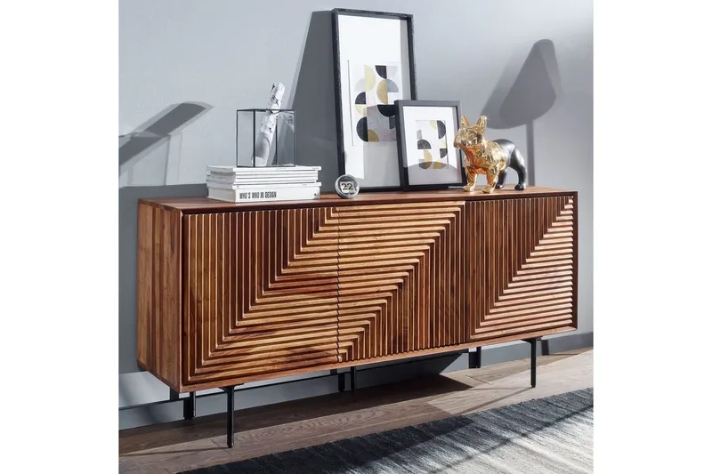 Sideboard Wohnling massivt trä, 3D geometrisk front, tryck-öppna, industriell loftstil 148 cm - 148 cm - Förvaring - Förvaringsmöbler - Sideboard & skänk