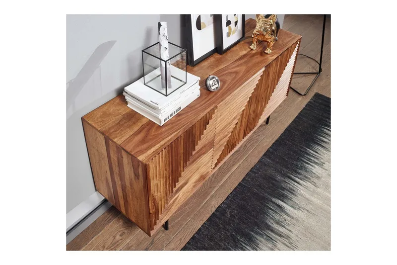Sideboard Wohnling massivt trä, 3D geometrisk front, tryck-öppna, industriell loftstil 148 cm - 148 cm - Förvaring - Förvaringsmöbler - Sideboard & skänk