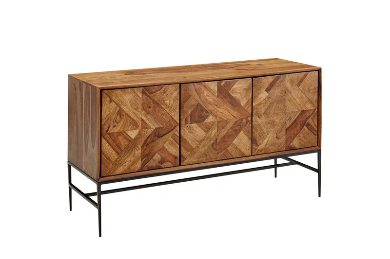 Sideboard Wohnling Massivt trä, triangulär optisk inläggning, 123 cm med 3 dörrar, industriell