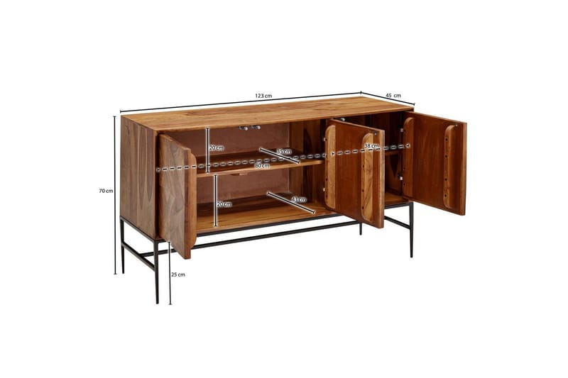Sideboard Wohnling Massivt trä, triangulär optisk inläggning, 123 cm med 3 dörrar, industriell - Förvaring - Förvaringsmöbler - Sideboard & skänk