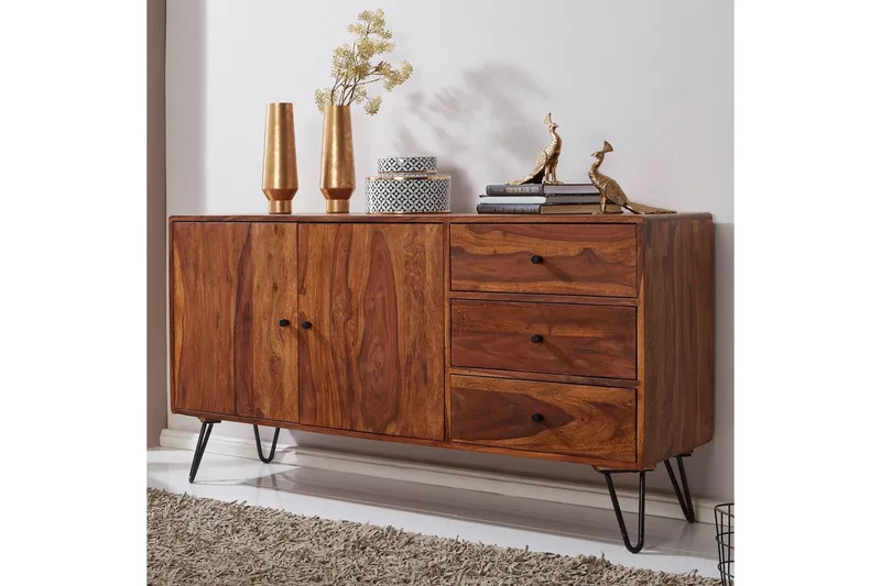 Sideboard Wohnling Massivt trä 145 cm med 3 lådor 1 dörr hårnålsben industriell - Förvaring - Förvaringsmöbler - Sideboard & skänk