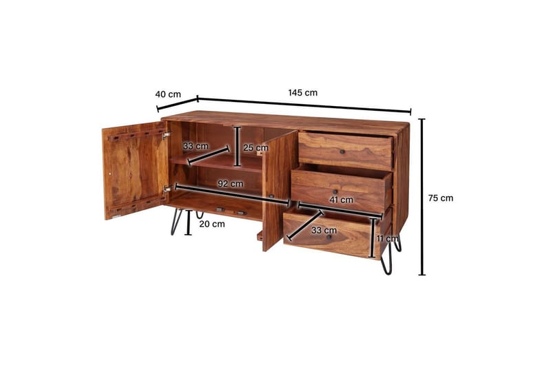 Sideboard Wohnling Massivt trä 145 cm med 3 lådor 1 dörr hårnålsben industriell - Möbler - Bord & matgrupper - Avlastningsbord - Konsolbord & sidobord