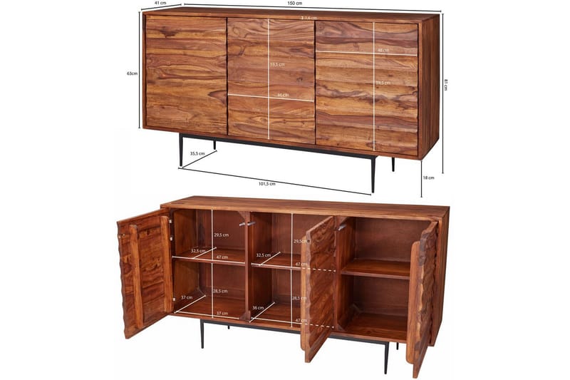 Sideboard Wohnling Massivt trä dörrar med tryck-öppning 150 cm filigrana metallben industriell - Möbler - Bord & matgrupper - Avlastningsbord - Hallbord