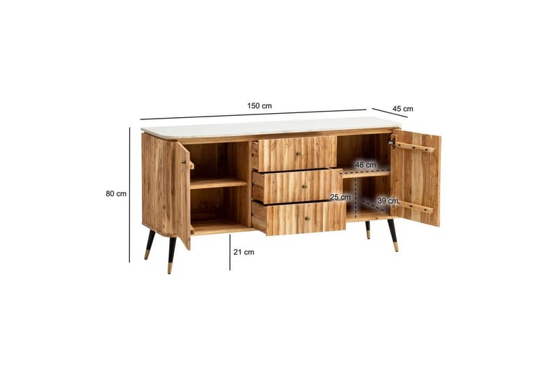 Sideboard Wohnling Massivt trä riktig marmoryta 150 cm 2 dörrar 3 lådor modern - Möbler - Bord & matgrupper - Avlastningsbord - Konsolbord & sidobord