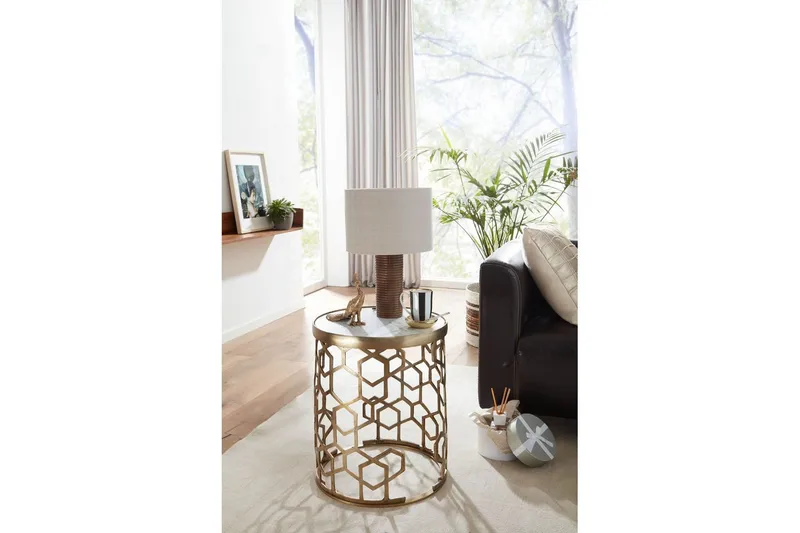 Sido bord Wohnling Äkta marmor rund 44 cm honungskake-optik bas modern - Möbler - Bord & matgrupper - Avlastningsbord - Lampbord