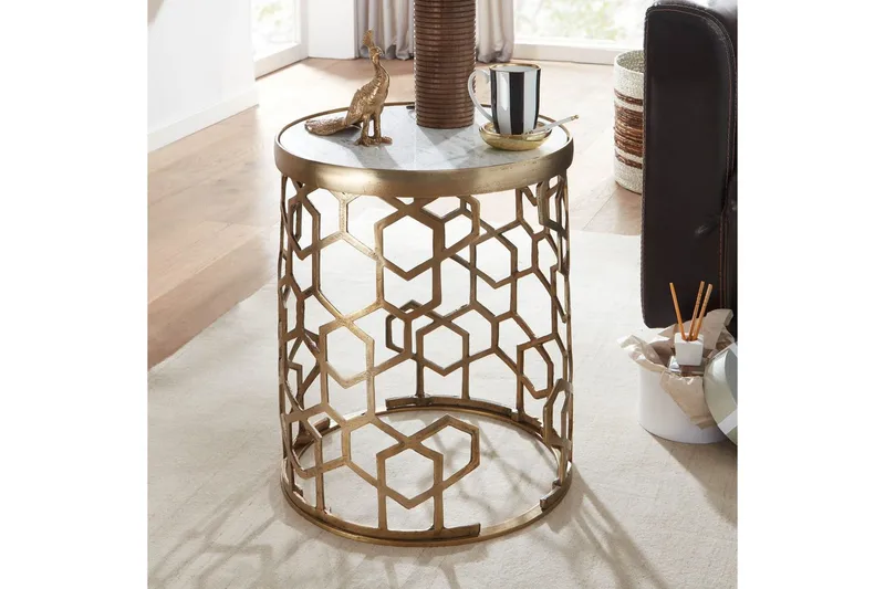 Sido bord Wohnling Äkta marmor rund 44 cm honungskake-optik bas modern - Möbler - Bord & matgrupper - Avlastningsbord - Lampbord